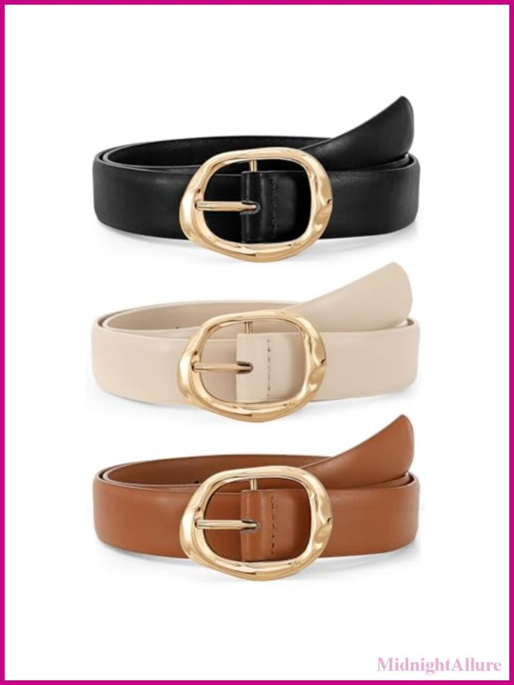 3 Pack Women's Faux Leather Belts with Gold Buckle Adjustable Waist Belt for